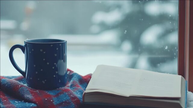 A warm and inviting featuring a coffee cup on a blanket next to an open book, evoking a sense of comfort and relaxation as if someone has been reading by the window during a snowy day.