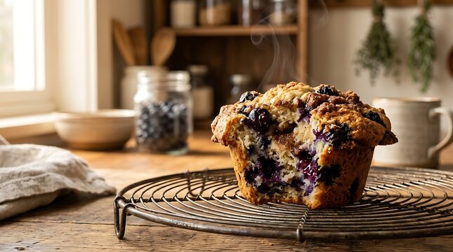 Freshly baked blueberry muffin with steam on a rustic cooling rack