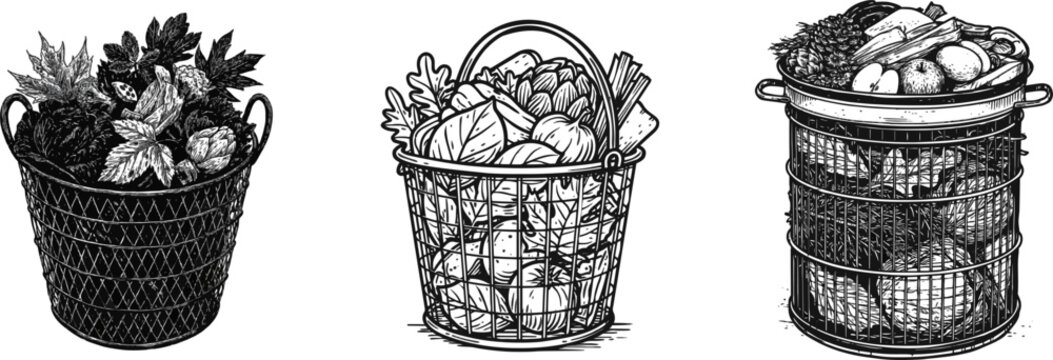 A classic metal wire compost bin filled with layering organic materials like leaves and kitchen scraps, high contrast black and white line art, bold black outlines, isolated on a pure white background