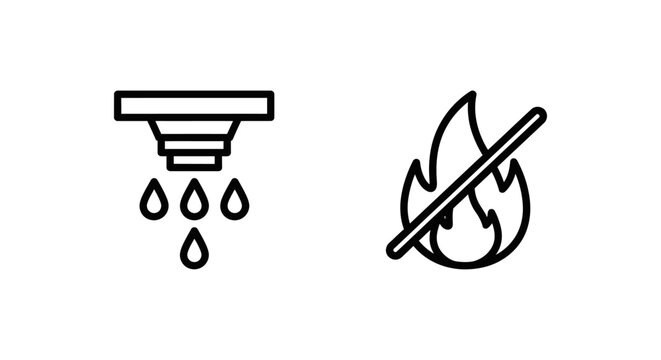 Fire suppression system and flame extinguish warning icons with suppression extinguish sprinkler protection emergency prevention security isolated industrial building firefighter