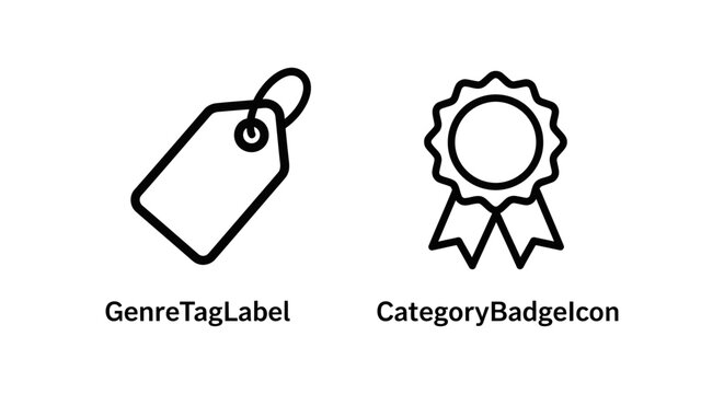 Genre tag label and category badge medal vector line icons with category recognition classification identification illustration isolated background achievement management metadata