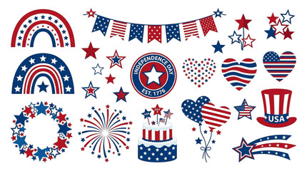 Obraz premium Patriotic Independence Day Clipart Set with Stars Rainbows Fireworks and American Flag Elements for Fourth of July Party Decor