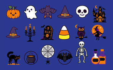 Obraz premium Halloween flat color icon bundle spooky symbols and characters