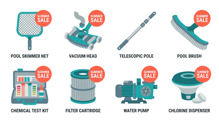 Naklejka premium Summer sale vector illustration of pool equipment on a sunny day
