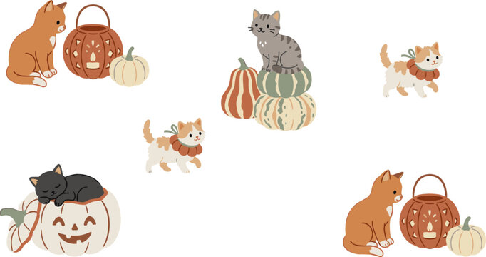 Cute Halloween Kitten Vector Character Set Featuring Playful Cats Sleeping inside Jack O Lanterns Sitting on Pumpkins and Beside Lanterns for Festive Designs