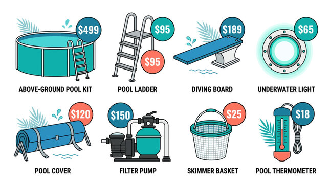 Summer sale on vector pool accessories and equipment for above ground pools