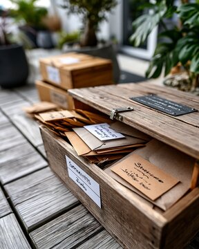 Open wooden box with craft paper seed packets on a rustic outdoor deck