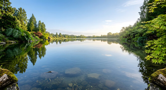 Peaceful lake with clear water and forest reflection at sunny day