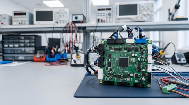 battery management system electronic control module on engineering workbench for advanced energy storage electronics development