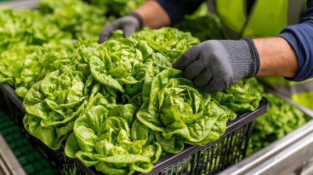 Worker wearing gray protective gloves carefully sorts fresh green butterhead lettuce inside a plastic crate at a modern vegetable farm