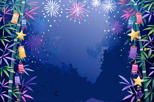 Fireworks Lanterns And Stars Vector Illustration With A Dark Blue Background