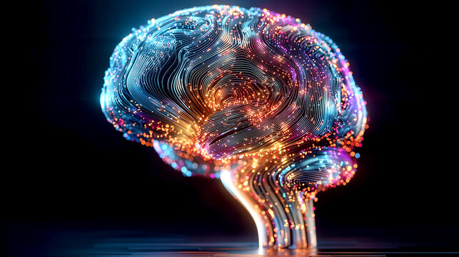 Artificial Intelligence Conceptual Illustration of Glowing Human Brain with Neural Networks and Digital Data Particles