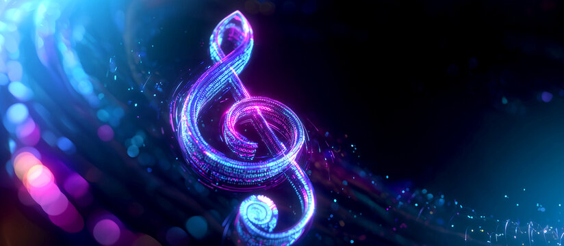 Futuristic Glowing Treble Clef Music Note Made of Binary Data Code, Abstract Sound Wave and Neon Particle Trail Horizontal Banner with Copy Space