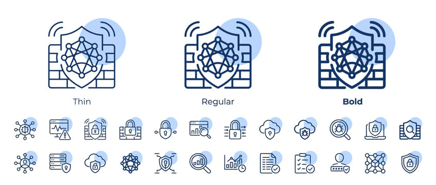 Set of digital security and network firewall icons in thin regular and bold line styles.