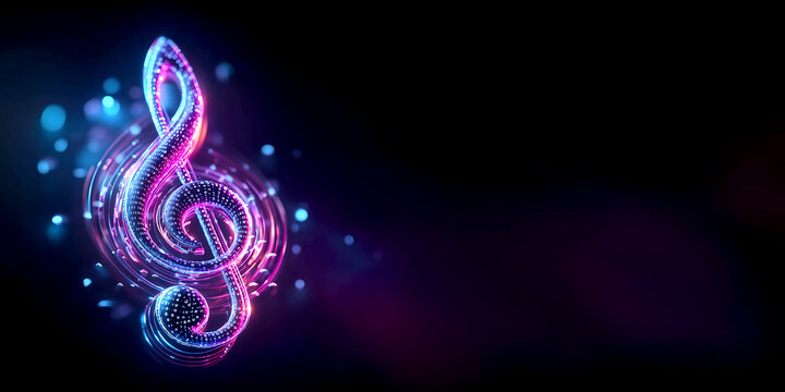 Futuristic Glowing Treble Clef Music Note with Neon Light Lines and Digital Data Particles, Creative Sound Concept Horizontal Banner with Copy Space