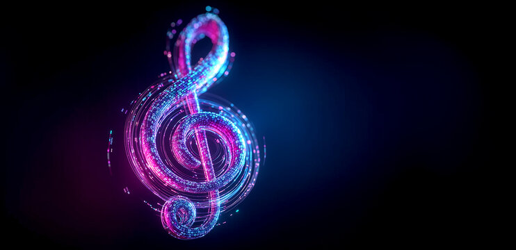 Futuristic Glowing Treble Clef Music Note Made of Digital Binary Data Code, Cyber Sound Concept Horizontal Banner with Copy Space