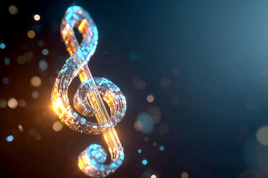Futuristic Glowing Treble Clef Music Note with Gold and Blue Neon Light Paths, Abstract Digital Audio and Code Pattern Banner with Copy Space