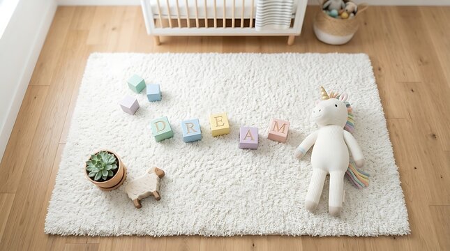 Dream word in colorful blocks on a plush rug in a baby room