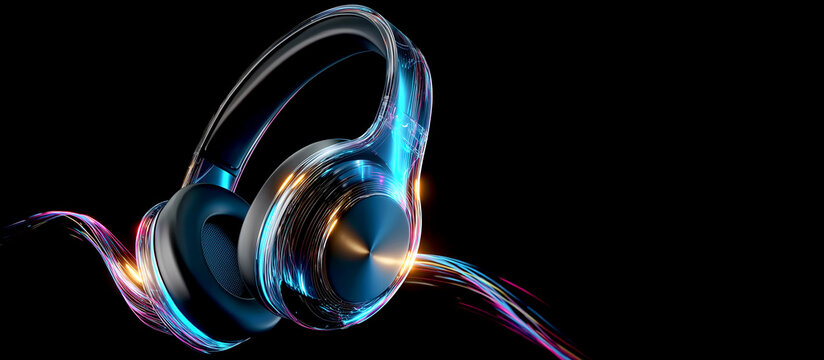 Futuristic Wireless Over-Ear Headphones with Glowing Neon Blue and Gold Light Trails, High-End Abstract Cyber Audio Tech Banner with Copy Space