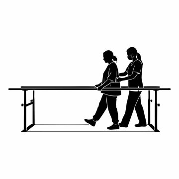 Physical Therapy Silhouette of a Patient Walking with a Therapist Between Parallel Bars