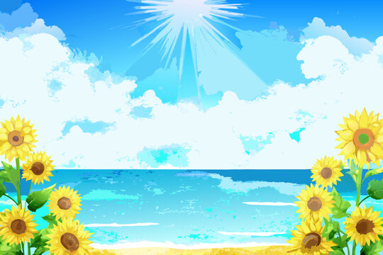 Sunflower landscape illustration with blue sky and ocean waves