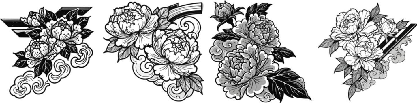 This traditional Japanese tattoo style corner piece features stylized peony flowers, bold wind bars, swirling water eddies, high contrast black and white line art with bold black outlines, isolated