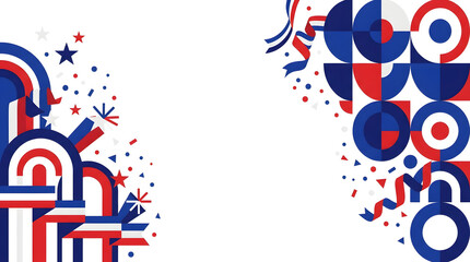Fototapeta premium Abstract geometric celebration background with red white and blue shapes and confetti elements in a festive modern style