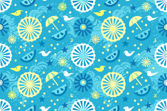 Summer motif floral ornament pattern with birds umbrellas and seashells