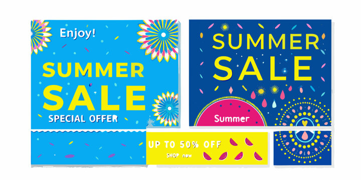 Summer sale floral ornament vector illustrations with bright blue backgrounds