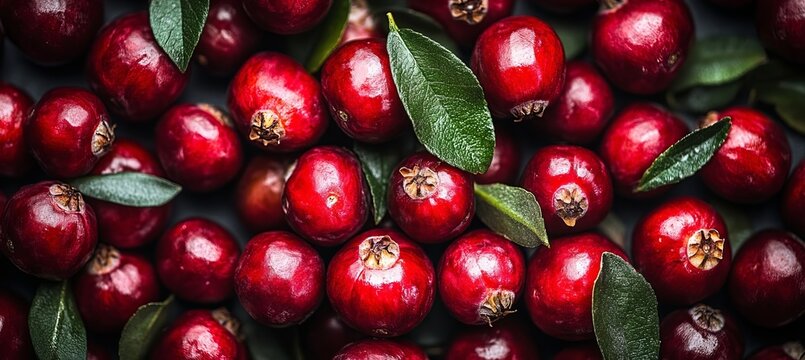 Close Packed Fresh Lingonberries With Vibrant Red Skins And Green Leaves In High Resolution Detail