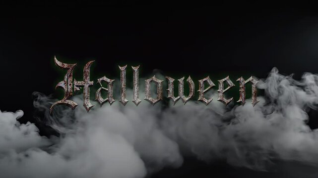 Halloween text displaying a spooky rusty metallic design with a green ethereal glow emerging from thick ominous mist.