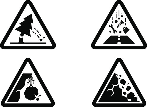 Set of four black and white vector road danger warning sign icons