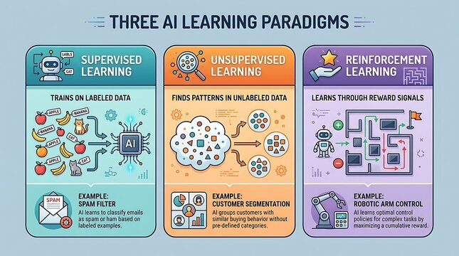 Educational infographic of three main ai learning paradigms