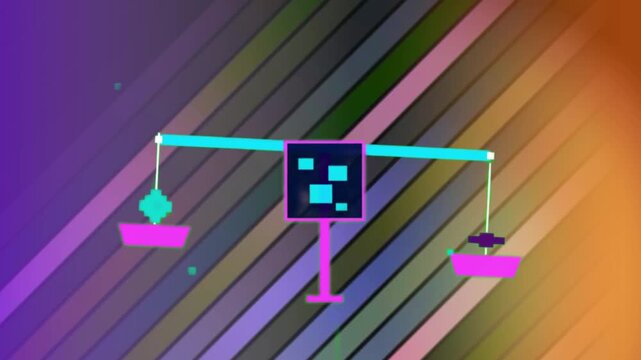 Digital pixel art scales balancing abstract weights on a colorful background