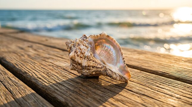 Seashell resting on a wooden pier with blurred ocean background