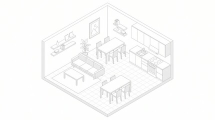 Fototapeta premium Isometric line art illustration of a dining room and kitchen interior