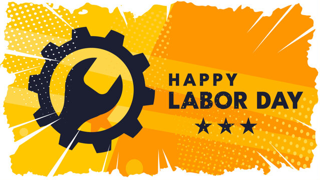 Happy labor day banner with crossed hammer and wrench tools on blue wave background, vector illustration