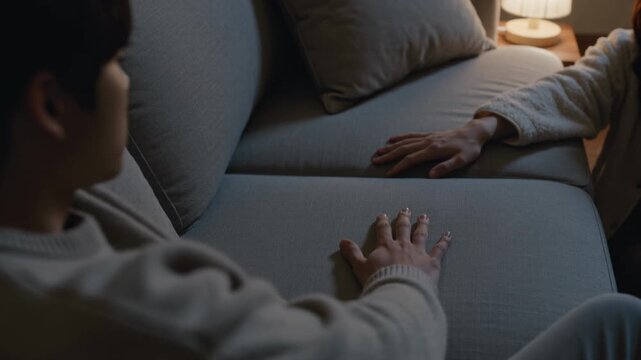 Beginning left adult turning and keeping hand on gray couch sharing silence, home lamp, copy space