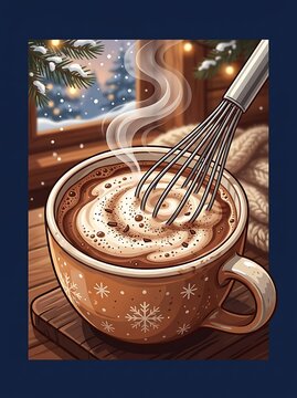 Whisking creamy hot chocolate in a snowflake mug on a winter day