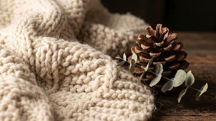 Fototapeta premium Closeup of a beige knitted blanket with a pinecone on a wooden table