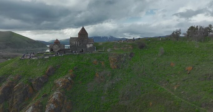 Aerial view of Sevanavank monastery on the peninsula with Lake Sevan in the background, Armenia