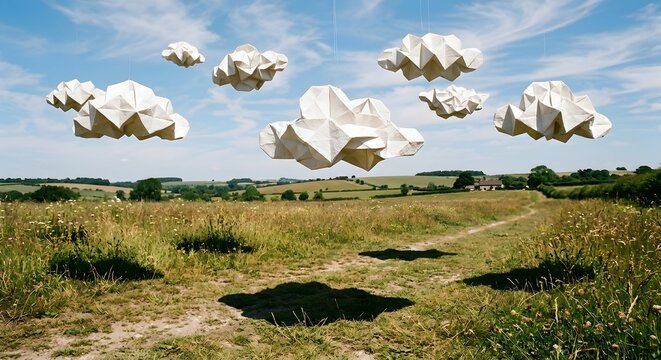 Creative Geometric Paper Clouds in Open Countryside, Conceptual Art
