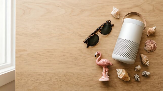 Summer travel flat lay with speaker sunglasses and seashells