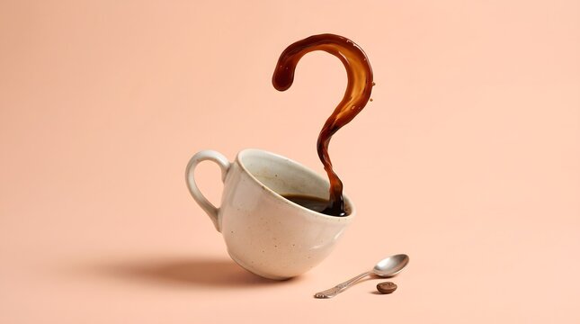 Coffee flows out of a white cup forming a question mark