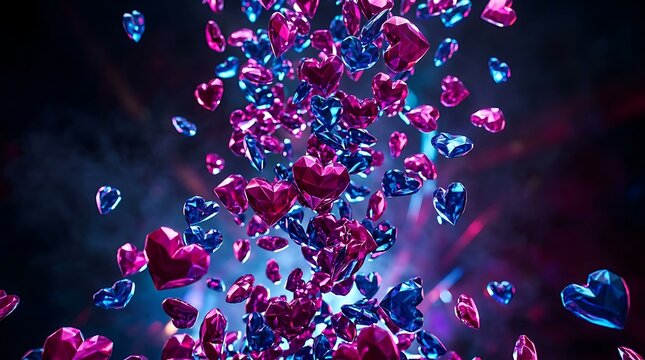 Glowing pink and blue crystalline hearts floating in dark space