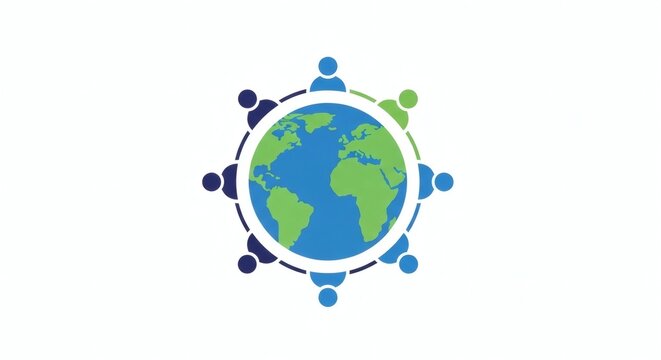  Minimal Global Community Network Icon with Earth and Connected People Representing World Population and Communication