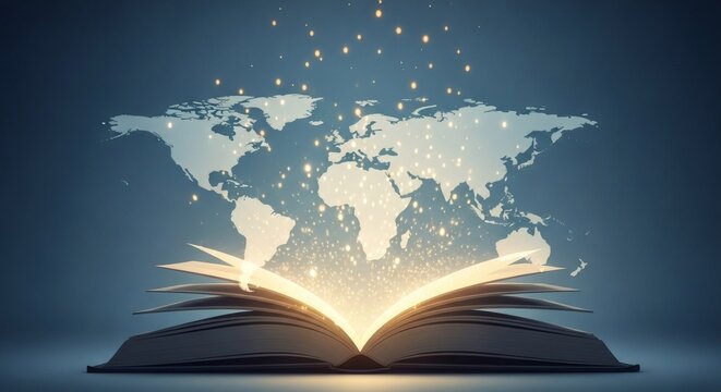 Open Book with Glowing World Map Symbolizing Global Education, Knowledge Sharing and International Learning Innovation