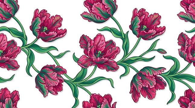 Seamless floral border with pink parrot tulips and green leaves