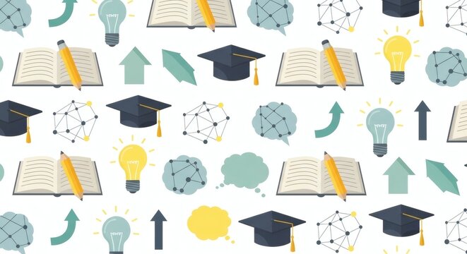 Seamless Education Pattern Featuring Graduation Caps, Books, Light Bulbs and Science Icons for Academic Background Design