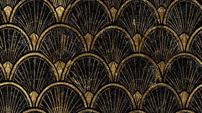 Art Deco fan shell seamless pattern with black and gold.  Repeating geometric pattern featuring a shimmering black and gold Art Deco design